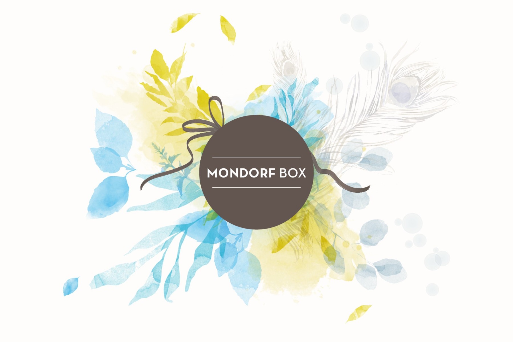 Ein lebhafter brauner Kreis mit dem Text "MONDORF BOX" in Weiß in der Mitte, umgeben von Aquarell-Blumenmustern in verschiedenen Blau-, Gelb- und Grau, die ein weiches und elegantes Gefühl erzeugen.Ein braunes Band wird subtil zur Komposition hinzugefügt.