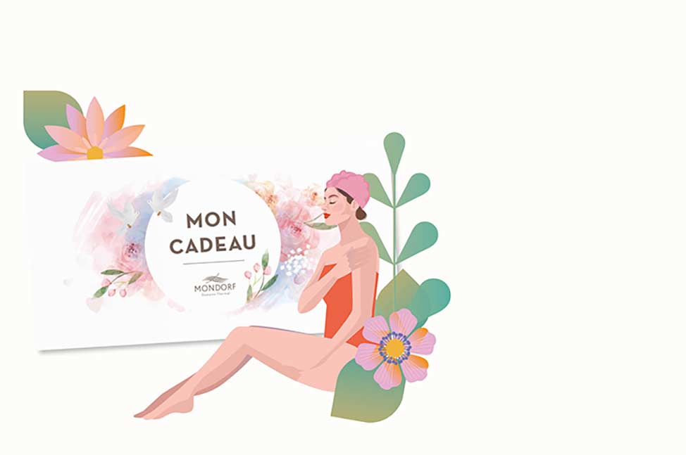 Une illustration artistique montre un chèque-cadeau avec un élégant ruban bleu noué, sur lequel figure un logo stylisé. Le chèque est entouré d'éléments décoratifs comme des fleurs, des feuilles, et des tranches de fruits, dessinés avec des lignes fines e